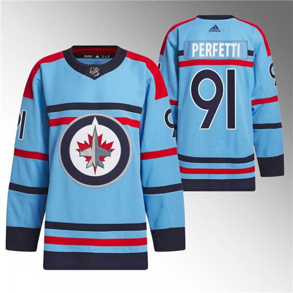 Mens Winnipeg Jets #91 Cole Perfetti Light Blue Anniversary Primegreen Stitched Jersey Dzhi